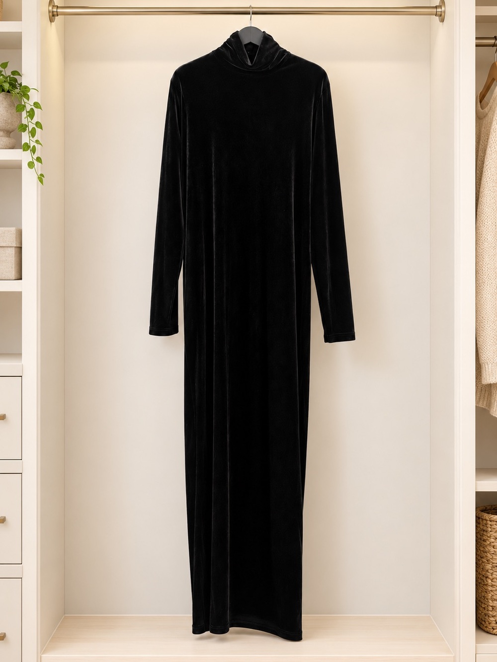 Rebdolls Black Velvet Long Sleeve Maxi Dress with High Neck